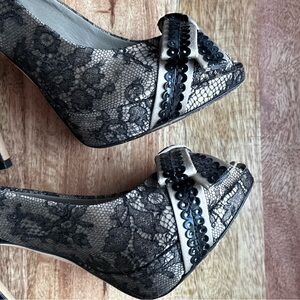 Dior Black Lace Peep-Toe Heels with Bow and Sequin Detail